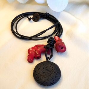 Protasis Athens Necklace Chunky Red Coral Disk Lava Pendant Statement Piece 28"